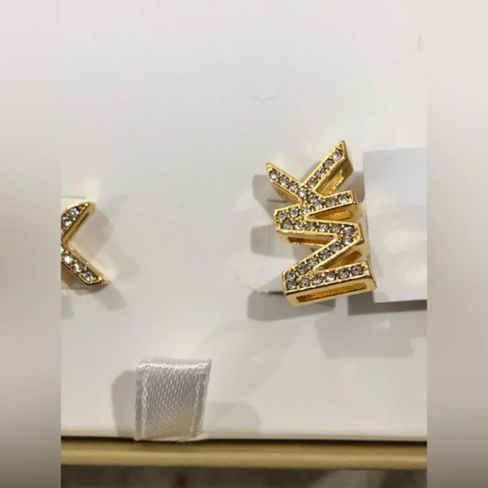 Michael Kors round crystal rhinestone embellished MK logo monogram stud earrings